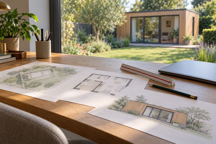 Planning drawings on a desk: site plan, floor plan and elevation of a garden annexe