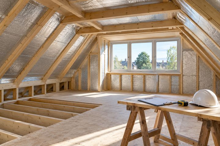 A loft conversion at the Building Control inspection stage with insulation between the rafters